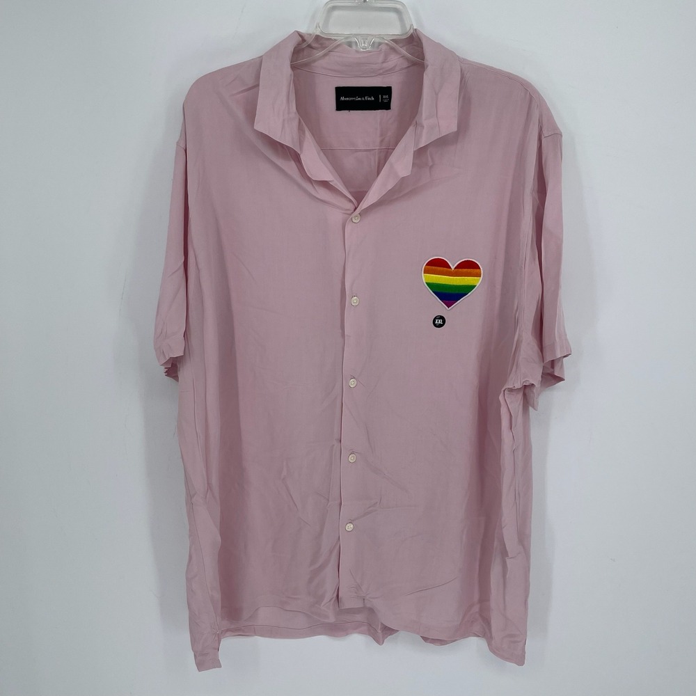 Abercrombie & Fitch Men's Pink Rainbow Heart Camp Button Up Shirt Size XXL